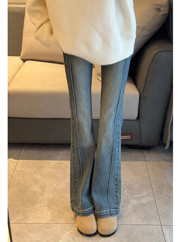 復古微喇牛仔褲女冬季新款梨形身材高腰彈力修身顯瘦直筒喇叭褲子