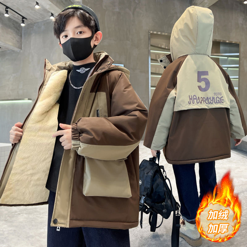兒童加絨男童冬裝外套2023新款中大童衝鋒衣克服加厚男孩冬季