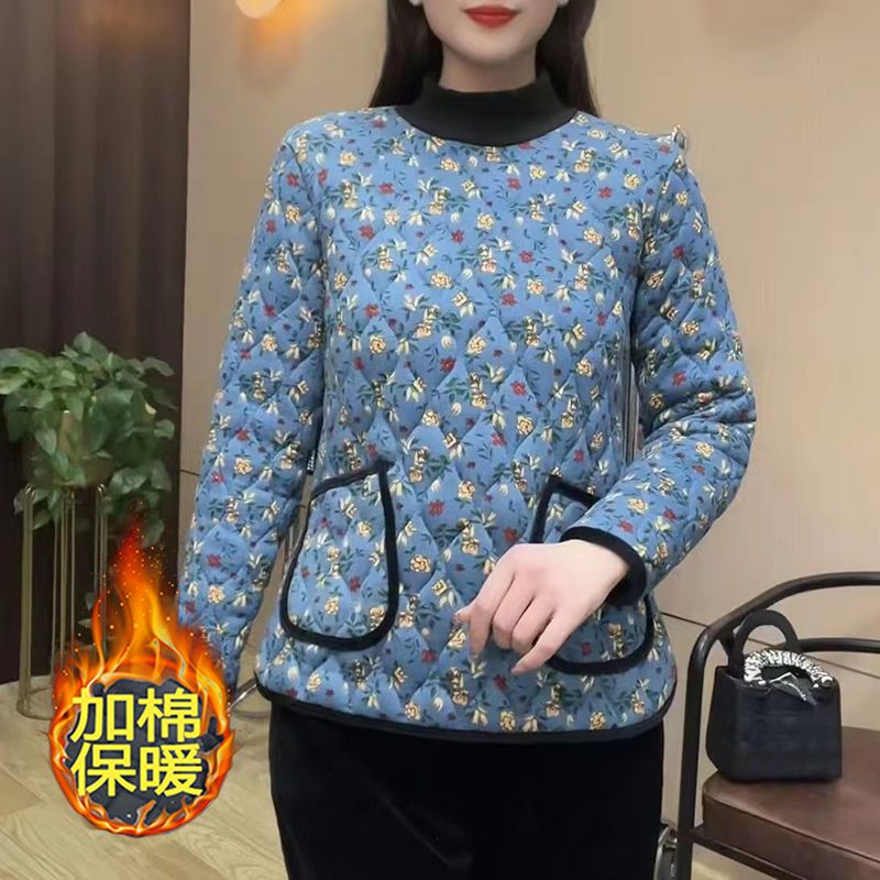 駝絨棉服媽媽棉襖加絨加厚中老年女裝冬季洋氣碎花套頭彈力小棉衣