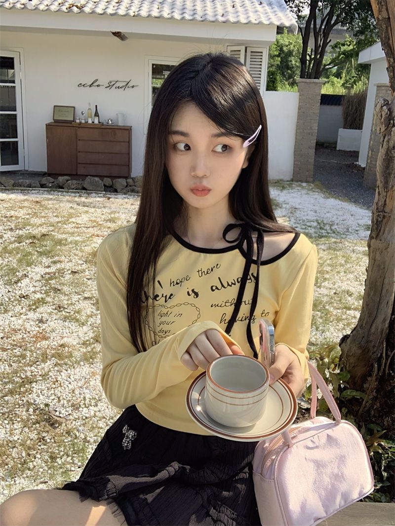 早秋新款美式簡約字母印花修身顯瘦綁帶長袖t恤打底衫套頭ins上衣