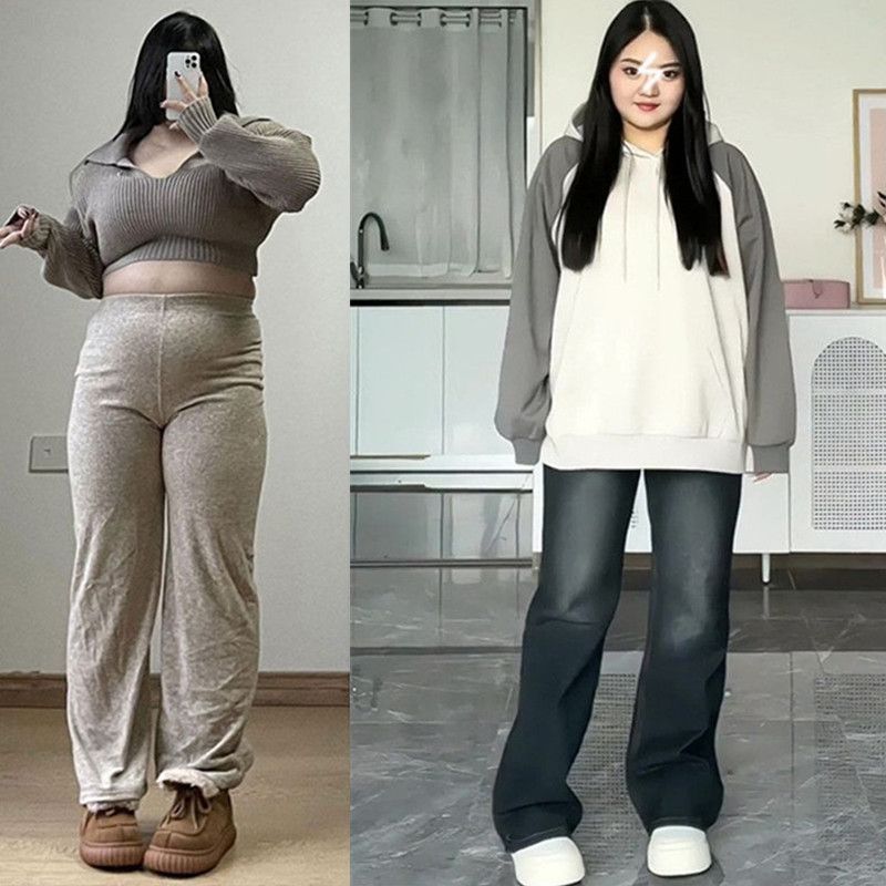 大碼胖mm寬鬆直筒牛仔褲女秋冬加絨加厚顯瘦梨形身材遮胯闊腿褲子