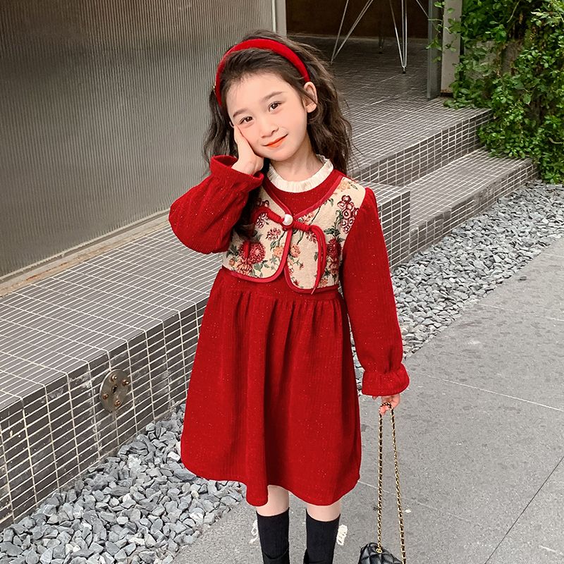 漢服女童秋冬季2023新款女寶中式國風冬裝冬款兒童過年喜慶拜年服