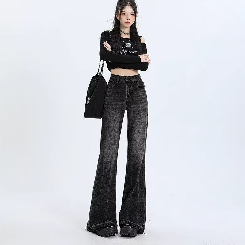 梨形身材黑灰色微喇牛仔褲女秋冬高腰顯瘦垂感大碼毛邊直筒闊腿褲