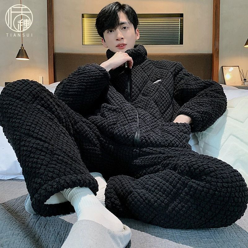 睡衣男士冬季加絨加厚珊瑚絨三層夾棉襖高領拉鏈法蘭絨家居服套裝