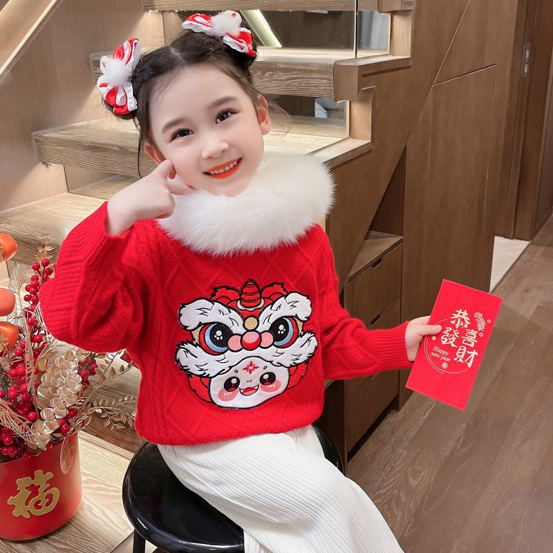 拜年服女童毛衣冬季2024新年衣服周歲禮服寶寶唐裝兒童龍年過年服