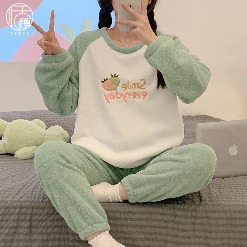 加厚加絨保暖珊瑚絨睡衣女2023年冬季新款可愛甜美法蘭絨家居服