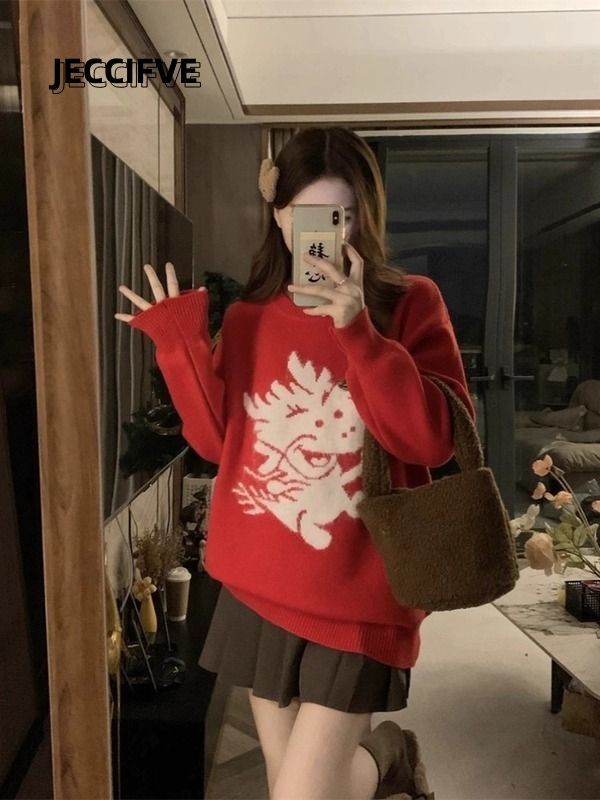 JECCIFIVE龍年本命年紅色毛衣男女秋冬季2024新年oversize針織衫