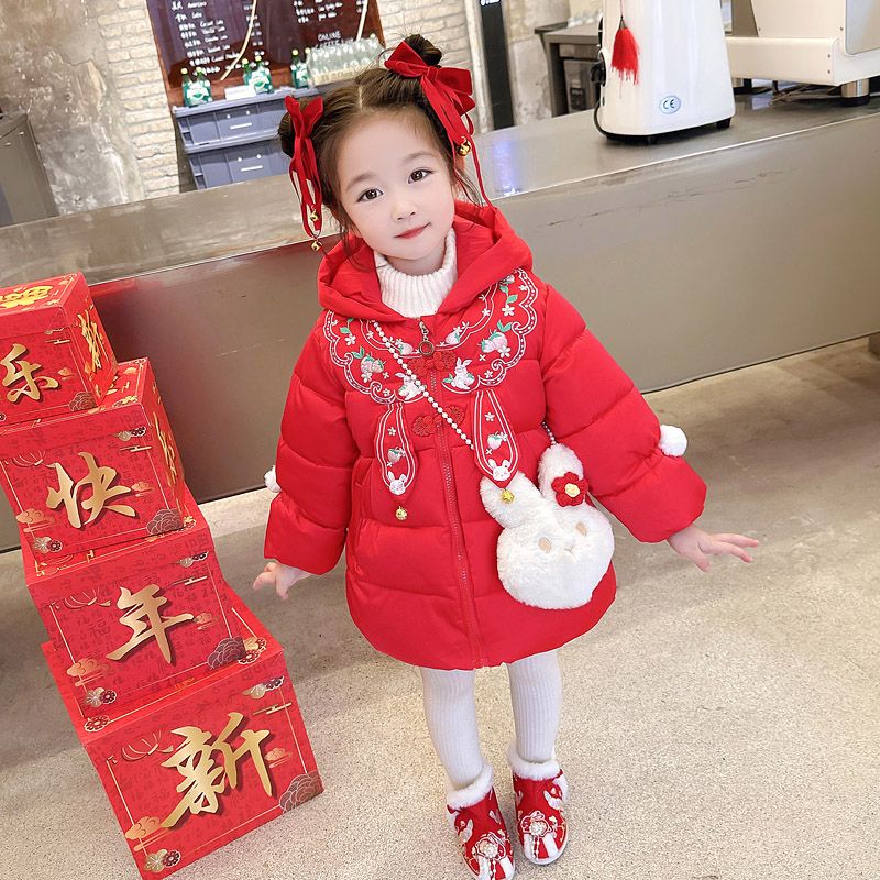 女童唐装棉服2023新款女宝宝冬季洋气红色棉衣儿童加厚拜年服冬装