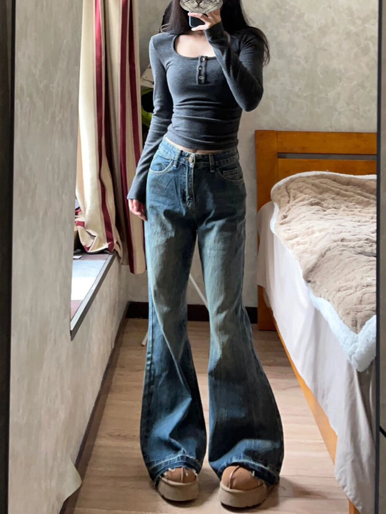 做舊微喇叭牛仔褲女冬季新款梨形身材寬鬆闊腿顯瘦不貼腿直筒褲子