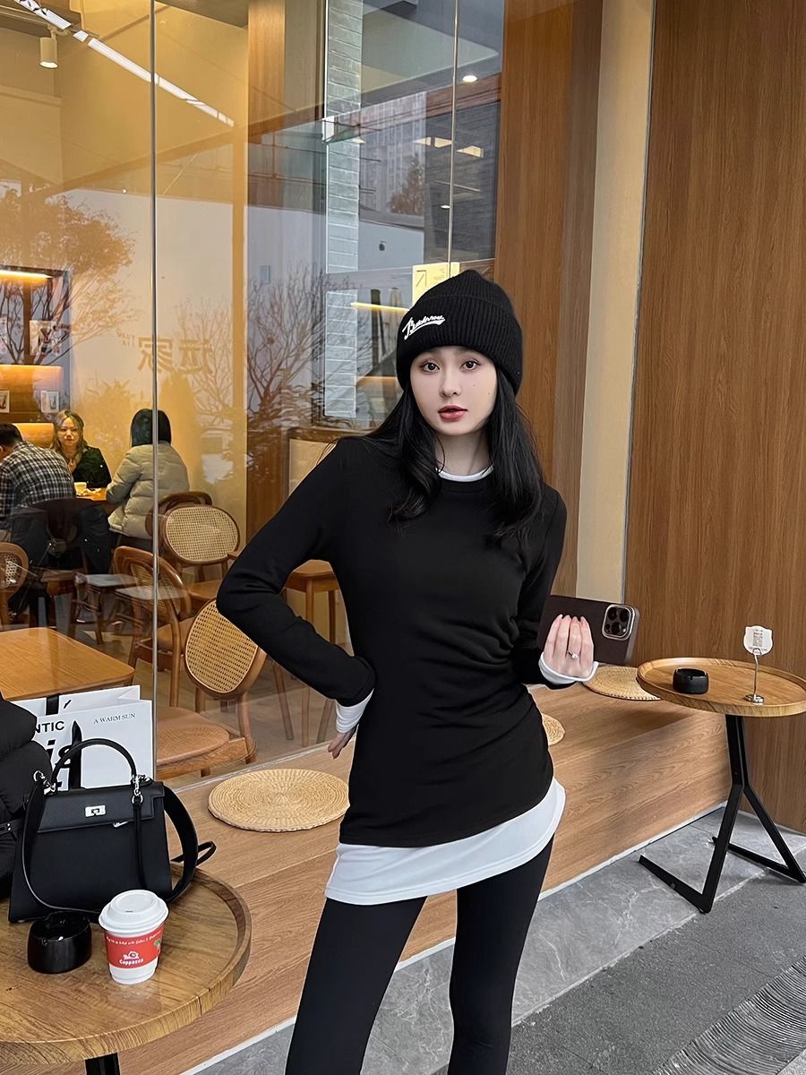 Yimedin sy13 fashionable pleated waist and color-blocked brushed temperament top warm base layer autumn and winter