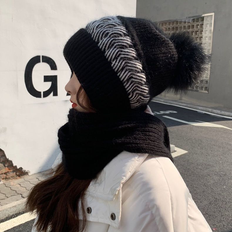毛线帽子女冬季加绒帽子围巾一体加厚包头百搭保暖防风护耳针织帽