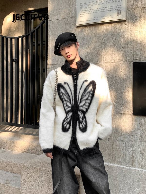 JECCIFIVE小眾蝴蝶印花立領毛絨毛衣男女秋冬保暖慵懶風針織開衫