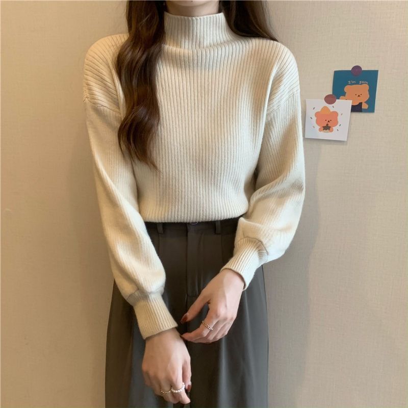 杏色半高領打底衫女秋冬內搭配大衣寬鬆可外穿保暖套頭毛衣針織衫