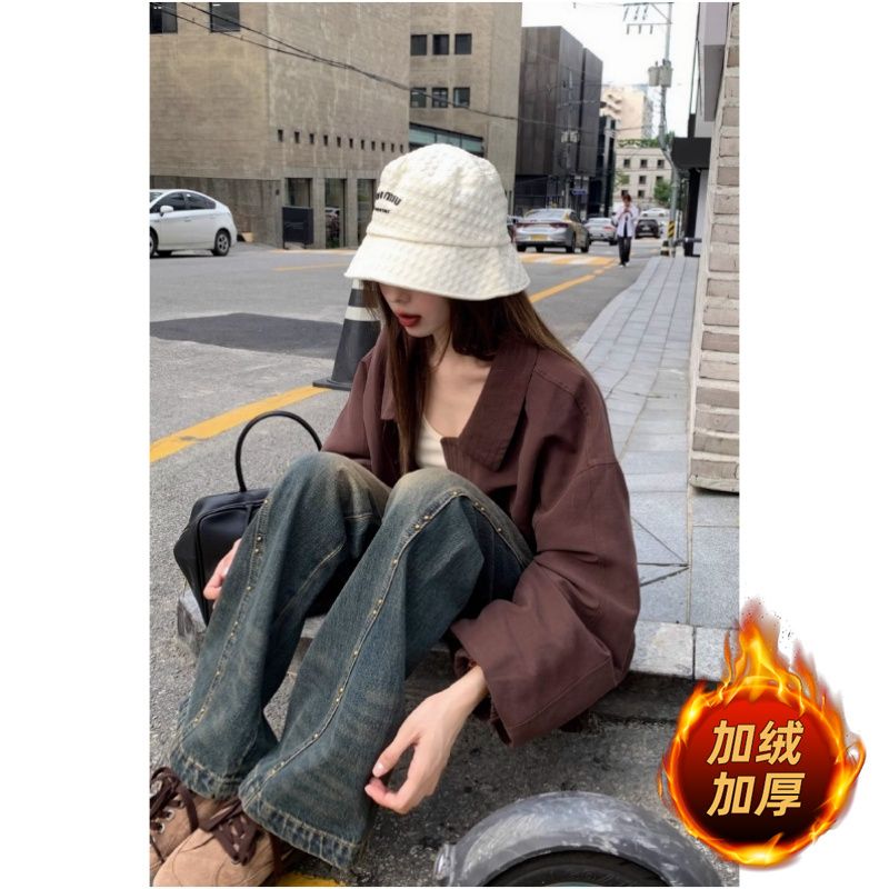 復古闊腿加絨加厚保暖厚款2023年秋冬季寬鬆遮肉顯瘦高腰拖地褲子