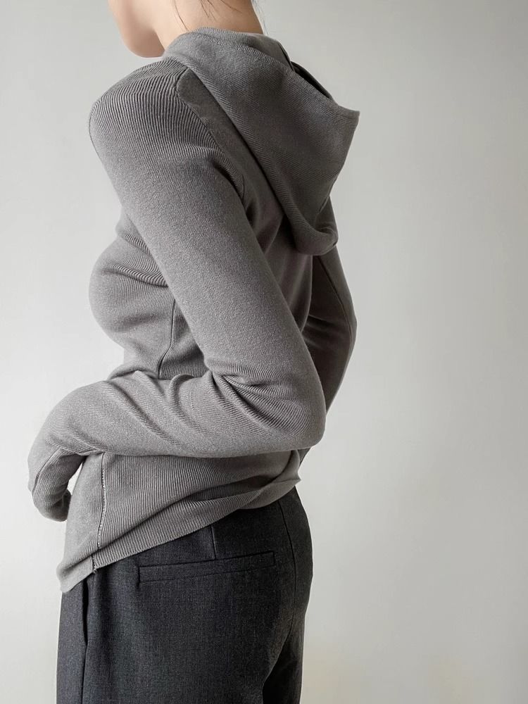 美拉德灰色復古連帽針織衫女春秋季短款修身顯瘦內搭打底軟糯上衣
