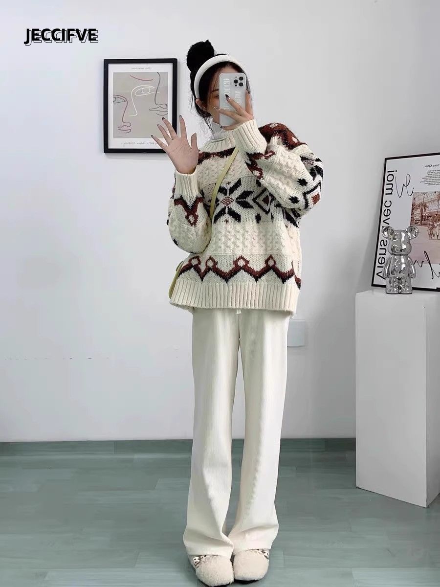 JECCIFIVE秋冬溫柔格紋拼接費爾島設計感小眾毛衣男女復古針織衫