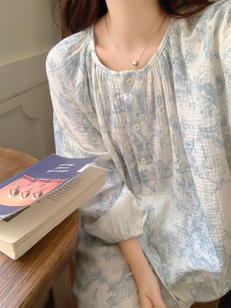 韩国新款ins甜美睡衣女春秋季圆领长袖青年学生居家服套装可外穿