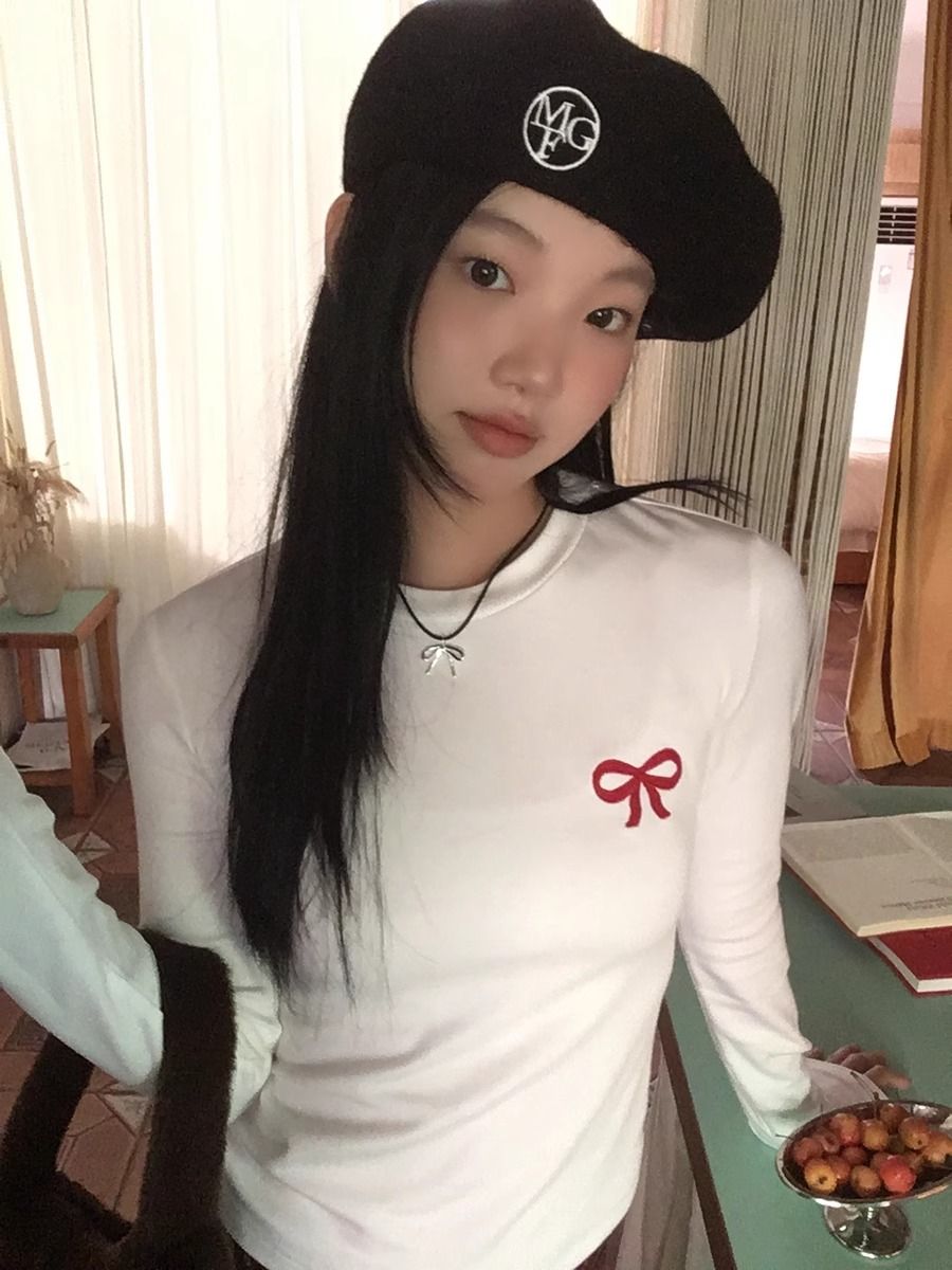德絨印花保暖打底衫女新款秋冬白色t恤高級感超好看長袖上衣女ins