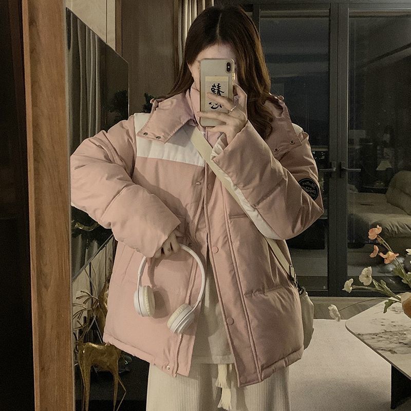 工裝棉服女外套冬季2023新款學院風小個子寬鬆加厚連帽麵包服棉衣