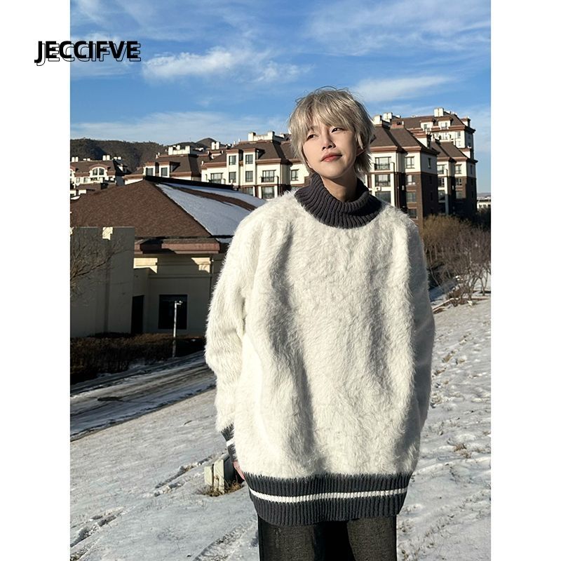 JECCIFIVE秋冬潮流仿馬海毛針織衫男女日系復古寬鬆情侶軟糯毛衣