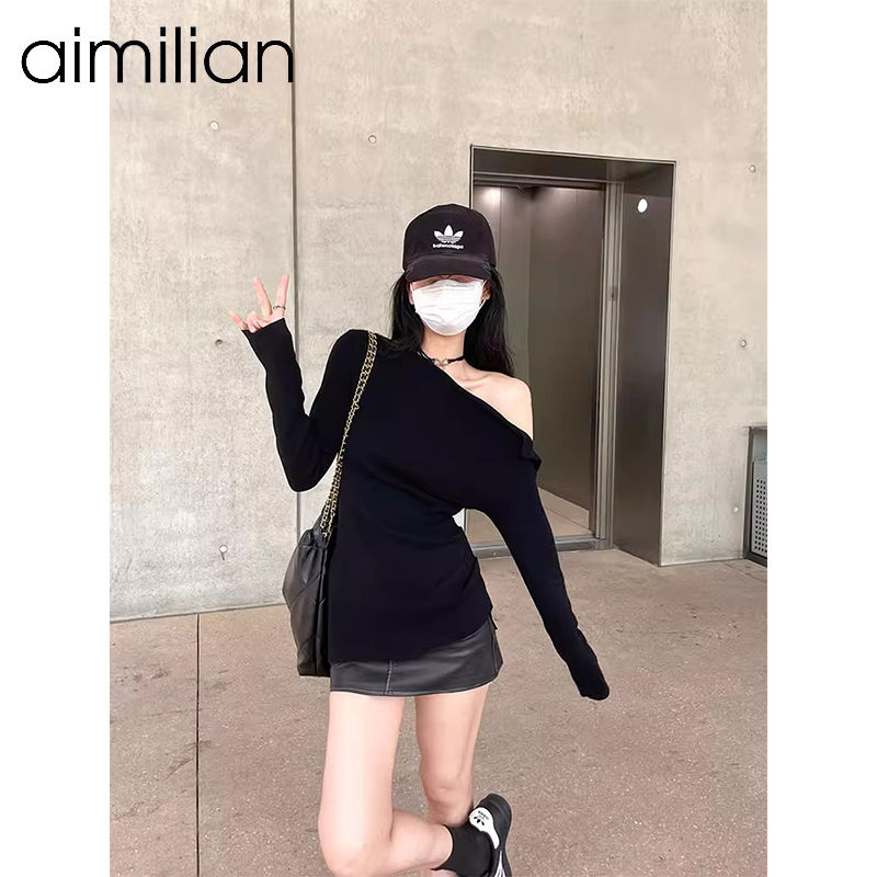 aimilian辣妹黑色長袖T恤女秋冬韓版小眾設計感修身打底衫上衣潮
