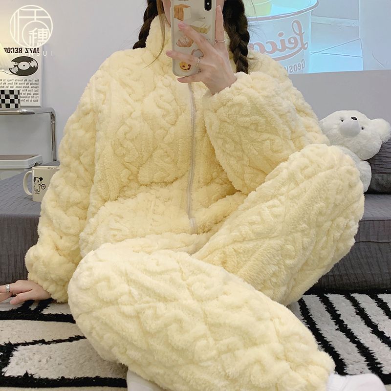 珊瑚絨睡衣冬季女款三層夾棉襖加厚加絨簡約拉鏈家居服法蘭絨套裝