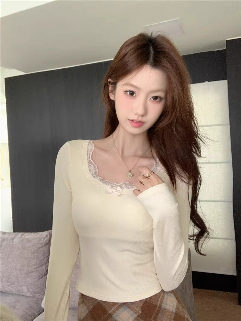 法式少女蕾絲領口蝴蝶結露鎖骨圓領T恤女秋冬修身上衣內搭打底衫