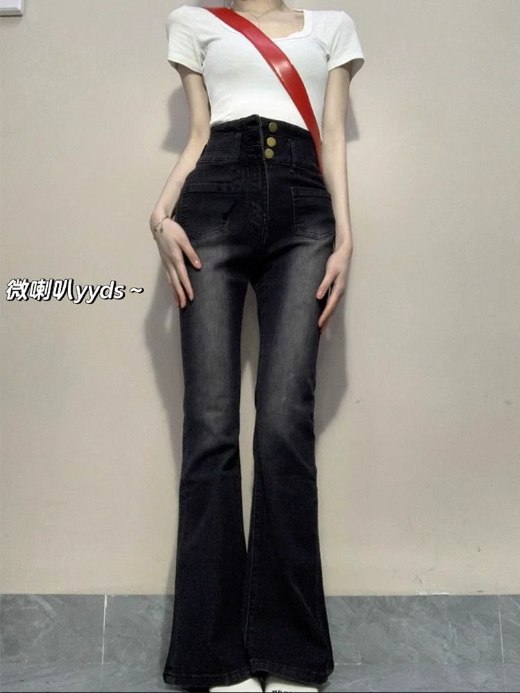 復古黑灰色微喇牛仔褲女冬季新款設計感高腰修身彈力直筒喇叭褲子