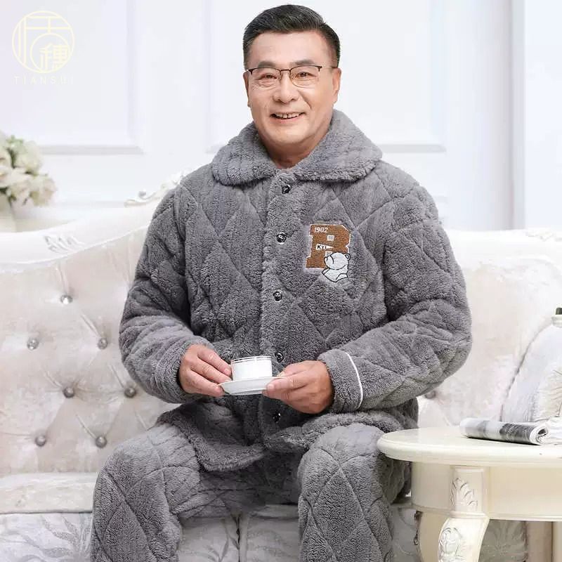 男士睡衣冬季三層加厚加絨夾棉珊瑚絨中老年人爸爸保暖家居服套裝