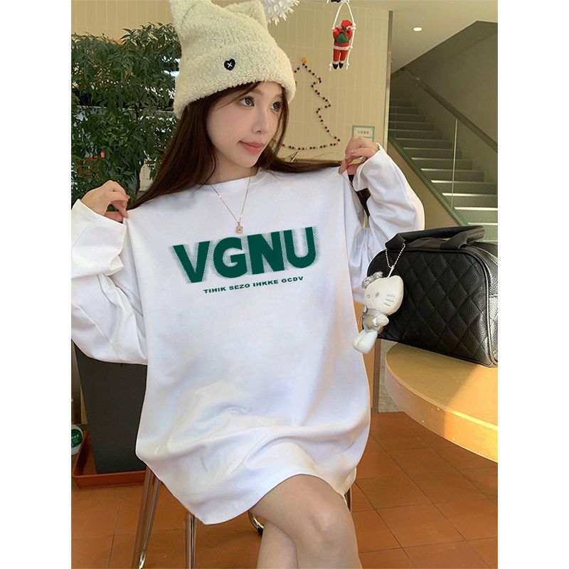純棉白色t恤女長袖新款韓版寬鬆圓領學生百搭白色長袖打底衫純色