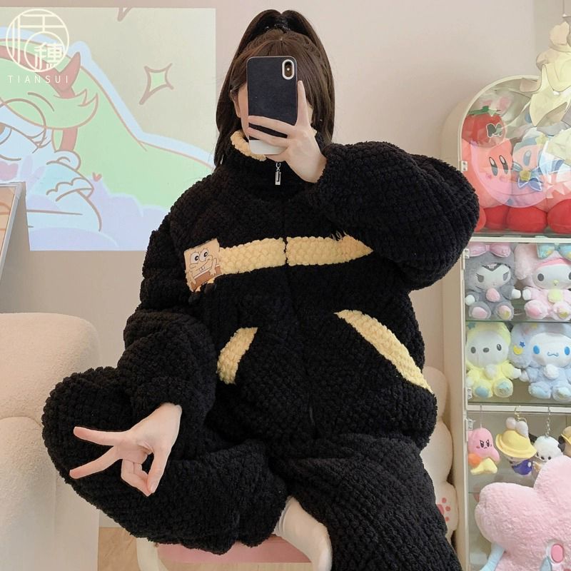 三層夾棉珊瑚絨睡衣女士2023冬季新款加厚保暖可愛拉鏈家居服套裝