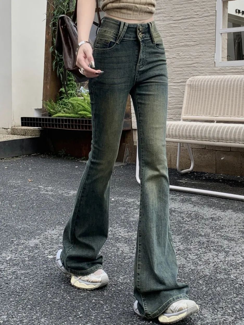 辣妹高腰復古微喇牛仔褲女小個子修身顯瘦彈力馬蹄褲春秋拖地長褲