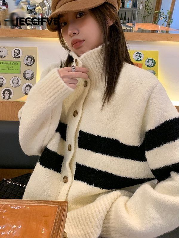JECCIFIVE秋冬新款條紋毛衣男女寬鬆復古慵懶風高領百搭針織開衫