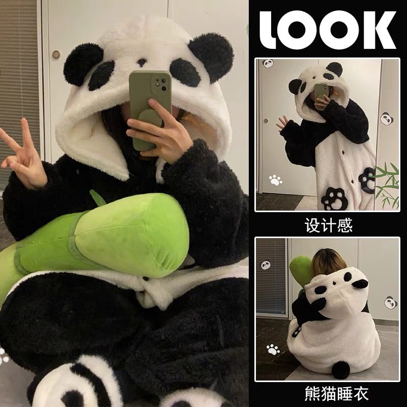 可愛熊貓睡袍女秋冬季珊瑚絨睡衣加厚絨長袖學生連體衣家居服套裝