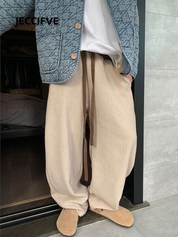 JECCIFIVE American retro design high-end contrasting color splicing imitation woolen pants for men and women vintage casual pants