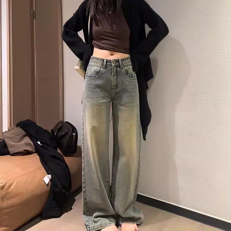 美式復古做舊高腰直筒牛仔褲女春季小個子高腰顯瘦垂感闊腿長褲潮