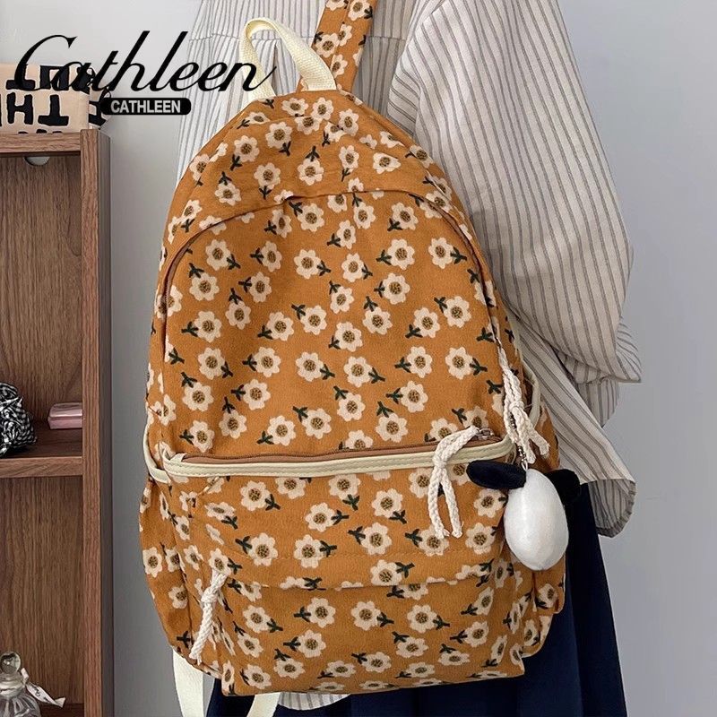 American school bag for girls, junior high and high school students, small floral backpack, Japanese corduroy niche backpack