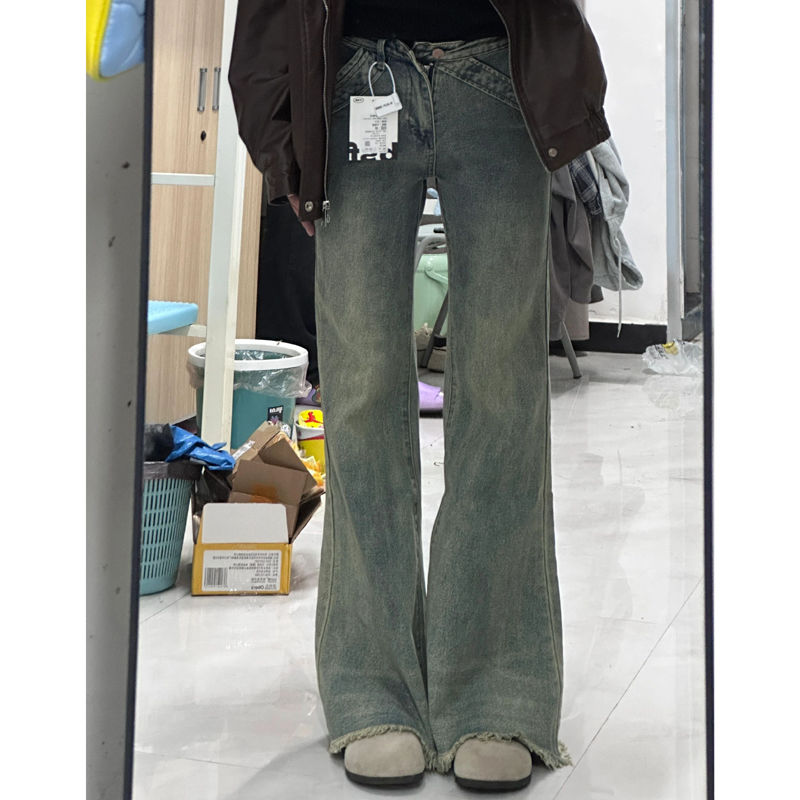 辣妹復古做舊毛邊微喇叭牛仔褲女春季小個子高腰直筒顯瘦拖地長褲