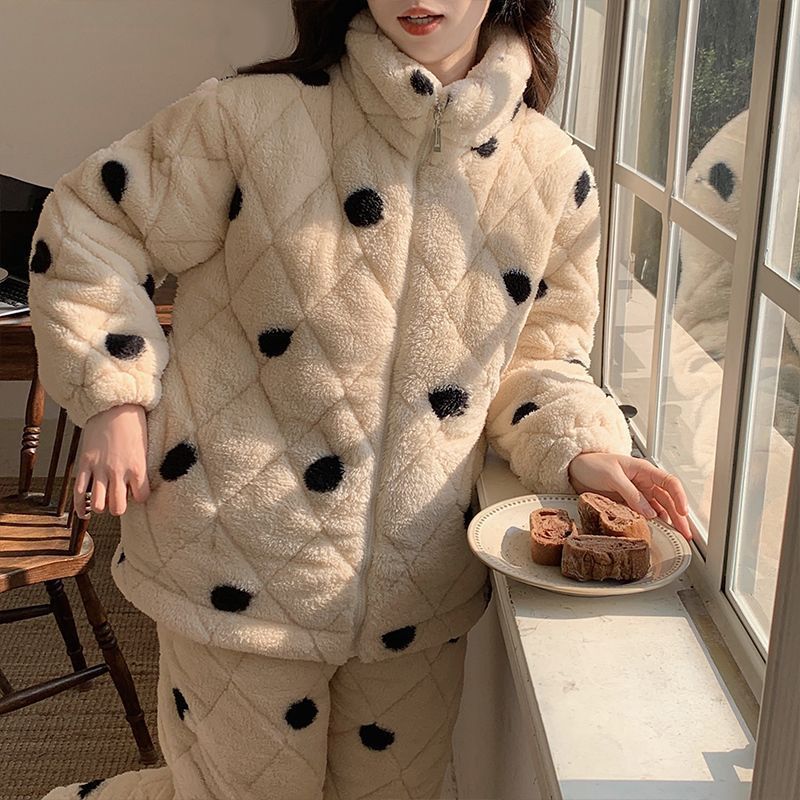 珊瑚絨睡衣女款冬季三層加厚夾棉加絨圓點拉鏈可外穿秋冬款毛絨