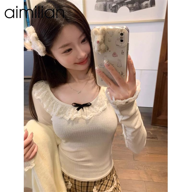 aimilian白色蕾絲花邊T恤女秋冬溫柔純欲內搭打底衫短款別致上衣