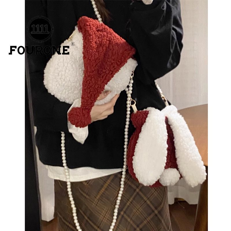 Cute Santa Hat Bag Women's New Trendy Fashion Pearl Plush Bag Cartoon Crossbody Furry Bag