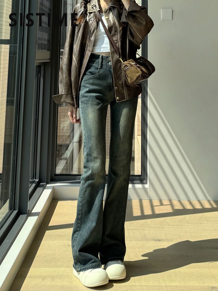水泥灰微喇牛仔褲女秋冬加絨小個子大碼復古高腰顯瘦喇叭褲ins潮