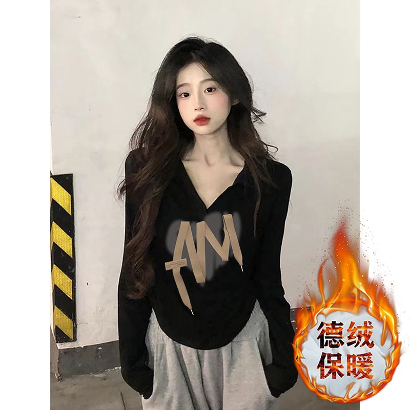 德絨正肩長袖t恤女短款新款秋季弧形下擺純欲風修身辣妹上衣ins潮