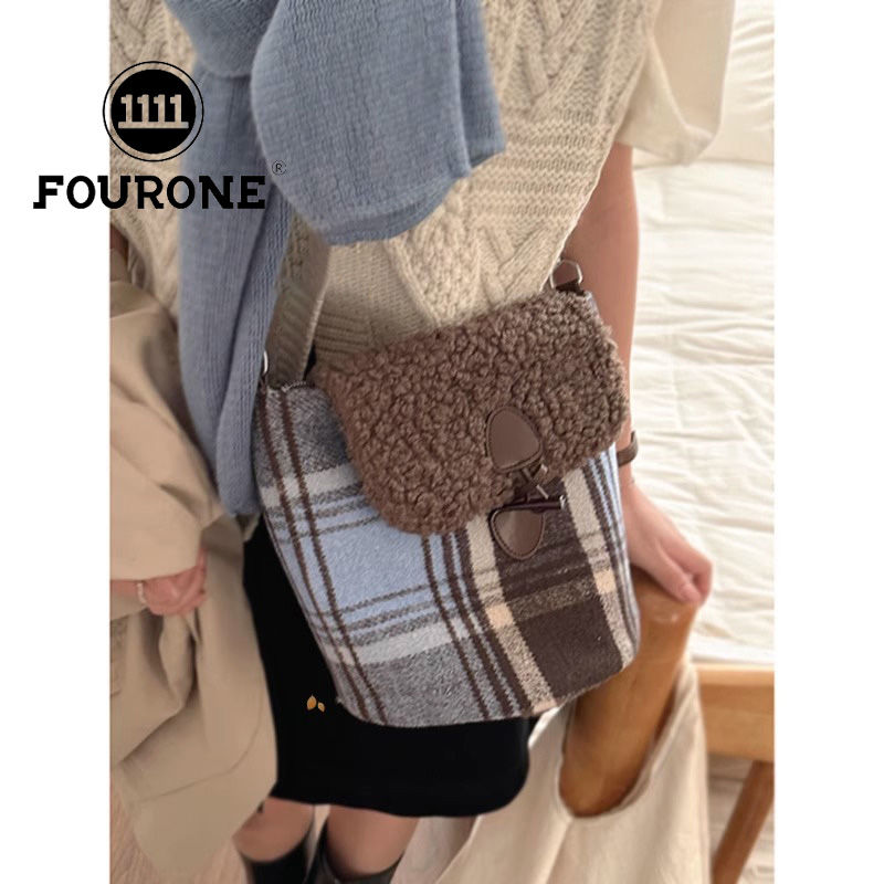 Plush bag women's new trendy retro college woolen bucket bag versatile plaid shoulder crossbody bag