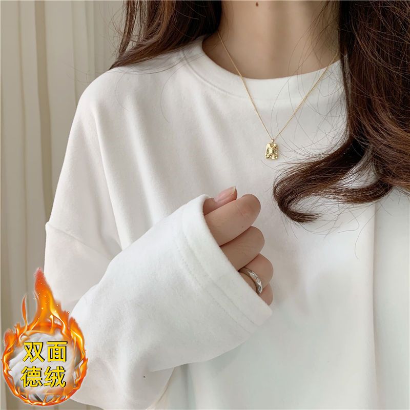 ins春秋長袖T恤女疊穿韓版寬鬆上衣內搭純色百搭打底衫學生潮白色