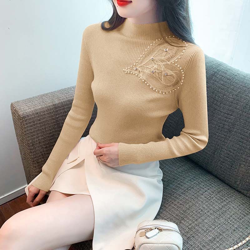 半高領長袖愛心鑲鑽打底衫女秋冬2023新款韓版修身顯瘦針織衫上衣