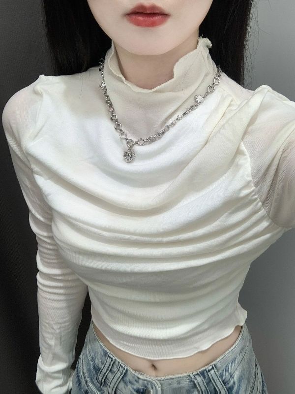 美式復古甜辣妹白色半高領長袖T恤女秋季修身顯瘦純欲短款上衣潮