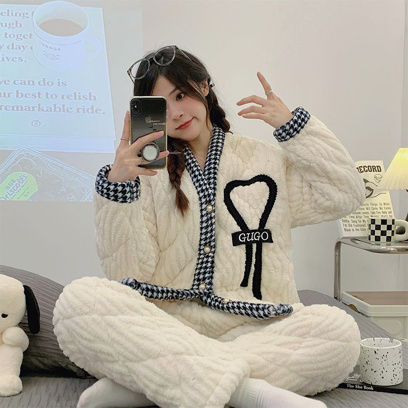 珊瑚絨三層夾棉睡衣女秋冬季加絨法蘭絨太陽花加厚保暖款家居服