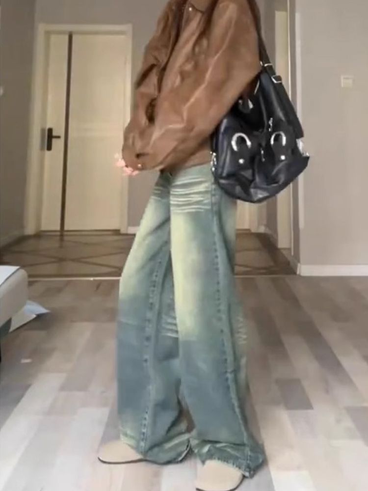 做舊低腰微喇牛仔褲女冬季新款美式復古寬鬆闊腿顯瘦直筒喇叭褲子