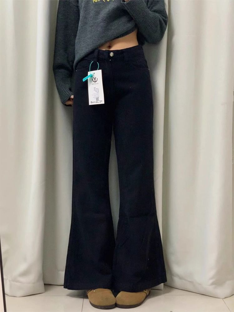 黑色微喇牛仔褲女冬季新款梨形身材高腰寬鬆遮肉顯瘦直筒喇叭褲子